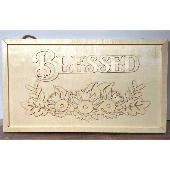Wooden Wall Hanging Sign With "Blessed" Engraving & Floral Design Can Be Painted - Picture 1 of 3
